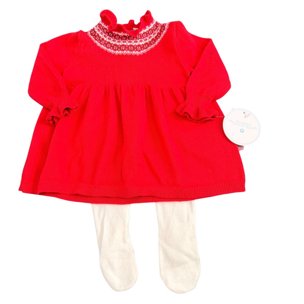 Edgehill Collection Baby Girls Red Fair Isle Sweater Dress and Tights Set 3M NWT